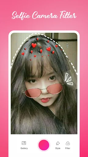 Selfie camera filter featuring strawberry hair stickers, pink sunglasses, and cute decorative overlays