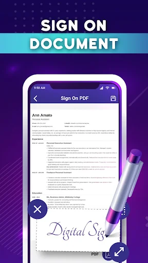 Sign on document feature showing PDF with Digital Signature placement and resize options on screen
