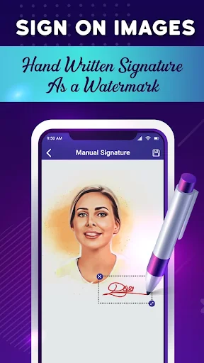 Sign on images feature for adding handwritten signature watermarks to photos using manual signature tool