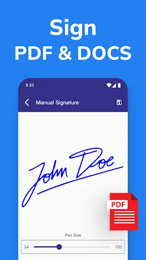 Manual signature creation on PDF with handwritten blue signature and pen size adjustment slider