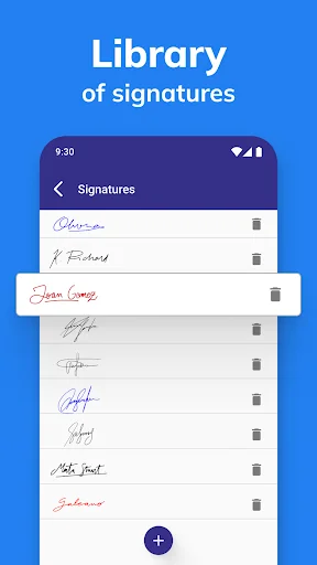 Signature library storing multiple saved digital signatures for reuse and template access