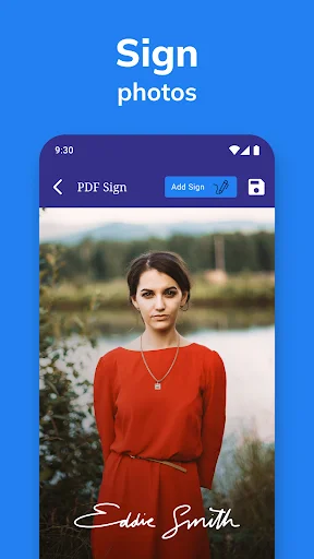Add signature to photos feature with digital signature watermark overlay on portrait images