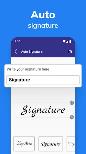 Auto signature generator with text input field showing multiple signature style options for creating signatures