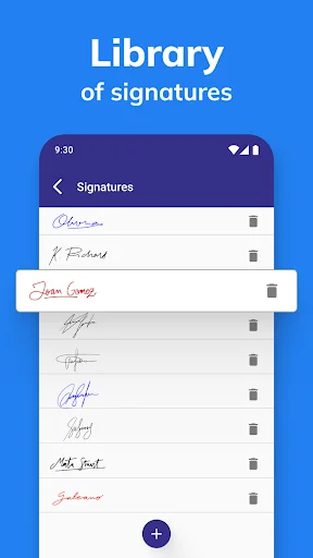 Signature library screen displaying saved signatures list with delete options and add new signature button