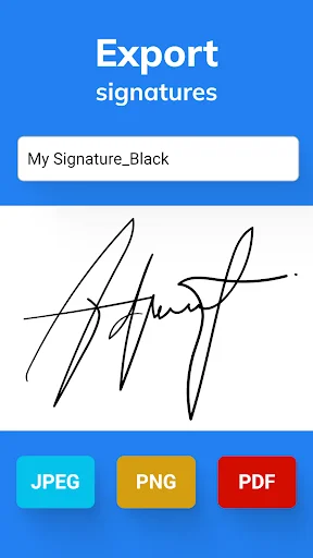 Export signatures screen with file name input and save options as JPEG, PNG, or PDF format buttons