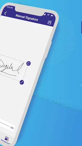 Manual signature drawing screen with pen size slider and blank canvas for creating digital signatures
