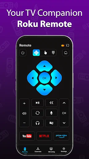 Roku Remote app main interface with directional navigation pad, OK button, and quick-access buttons for YouTube, Netflix, and Prime Video