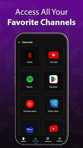 Roku remote channels menu with Netflix, YouTube, Spotify, Playcast, YouTube Music, Prime Video, Disney+, YouTube icons
