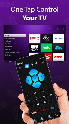 One-tap remote control interface with streaming services like Netflix, HBO, Hulu, YouTube, and Disney+ displayed on TV background