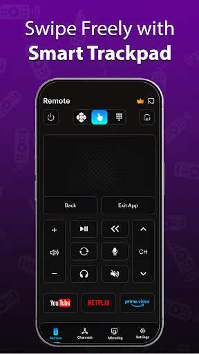 Smart trackpad interface with gesture swiping controls and Back/Exit App buttons for easy TV navigation