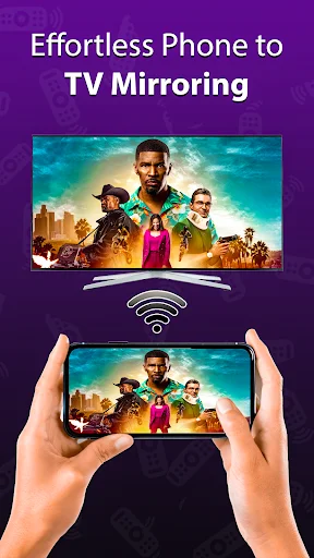 Phone to TV screen mirroring feature showing wireless content sharing via WiFi connection between smartphone and television