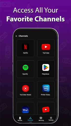 Channels menu displaying favorite streaming apps including Netflix, YouTube, Spotify, Disney+, Hulu, and Prime Video