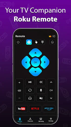 Roku TV remote app with directional pad, playback controls, and streaming app shortcuts for YouTube, Netflix, Prime Video