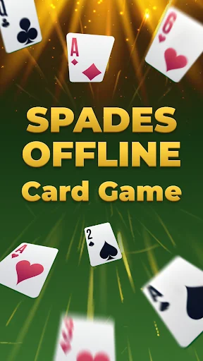 Spades Offline Card Game title screen with scattered playing cards on green felt table background