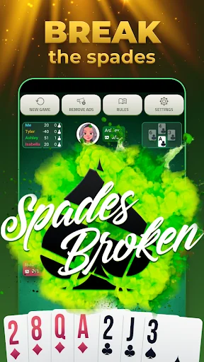 Break the spades notification screen showing Spades Broken message with visible player cards below