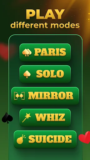 Game mode selection menu with Paris, Solo, Mirror, Whiz, and Suicide spades variations available