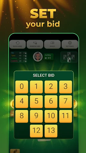 Bid selection screen with numbered buttons 0-13 for players to set their spades game bid