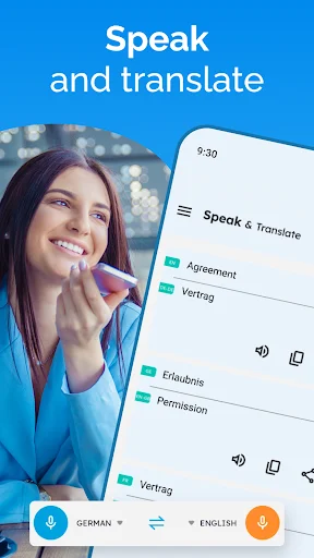 Speak and Translate app voice translation interface with microphone buttons for German to English translation
