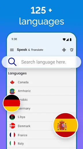 Search language interface displaying 125+ supported languages with country flags for translation selection