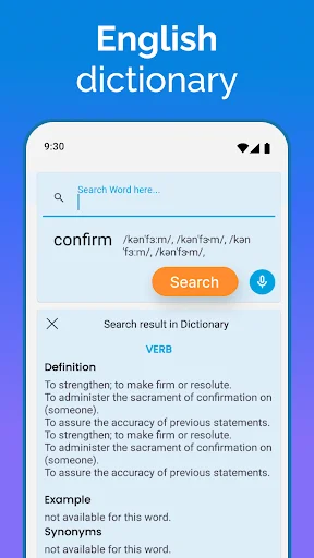 Dictionary feature showing detailed definition, examples, and synonyms for English word lookup and learning