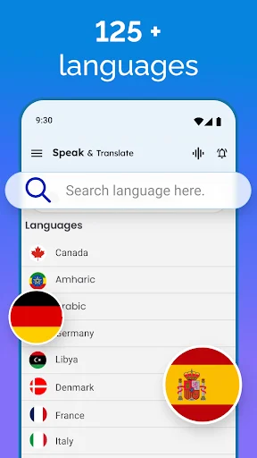 Language selection screen showing 125+ languages including Canada, Amharic, Arabic, Germany, Libya, Denmark, France, Italy
