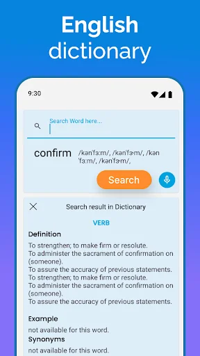 English dictionary search result for 'confirm' showing verb definition, synonyms, and pronunciation in translation app