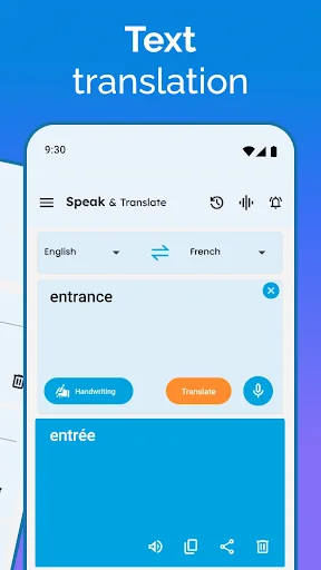 Text translator showing English to French translation with handwriting, translate, and voice input options available