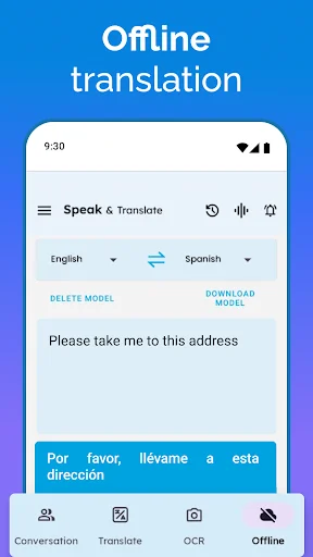 Offline translation feature with conversation, translate, camera, and offline modes for English to Spanish translation
