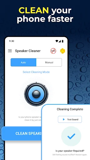 Speaker Cleaner app main screen showing auto and manual cleaning modes with speaker icon to remove water