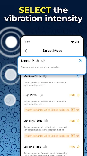 Speaker cleaning mode selection screen displaying vibration intensity options from normal to extreme pitch