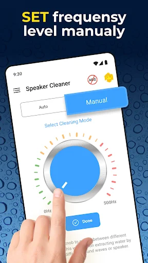 Manual frequency adjustment screen with circular dial control to set custom speaker cleaning levels