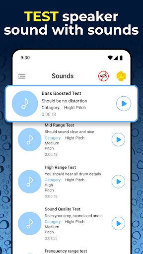 Sound test screen with bass boosted, mid-range, high range, and quality test options for speakers