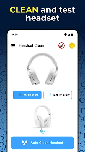Headset cleaning screen with auto clean and manual test buttons to remove water from headphones