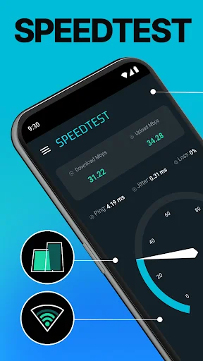 WiFi Speed Test app home screen showing speedtest interface with download/upload metrics and analyzer icons