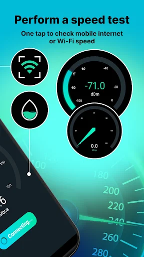 Speed test interface showing one-tap WiFi and mobile internet speed check with gauge displaying signal strength
