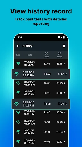 Speed test history screen showing chronological list of past WiFi tests with download and upload speeds