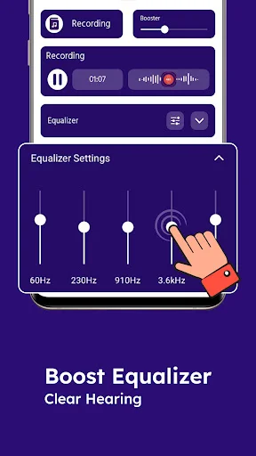 Equalizer frequency sliders at 60Hz, 230Hz, 910Hz, 3.6kHz for hearing sound amplification and clear audio customization