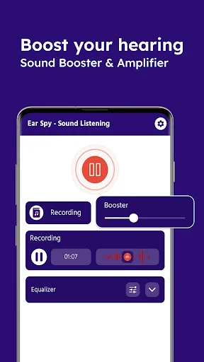 Hear Through Walls sound booster interface featuring adjustable booster slider control to amplify hearing and enhance audio volume from microphone input devices
