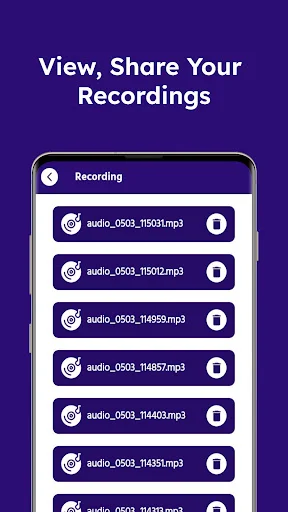 Hear Through Walls recording library showing list of saved audio files with timestamps for viewing and sharing captured recordings from sound listening sessions