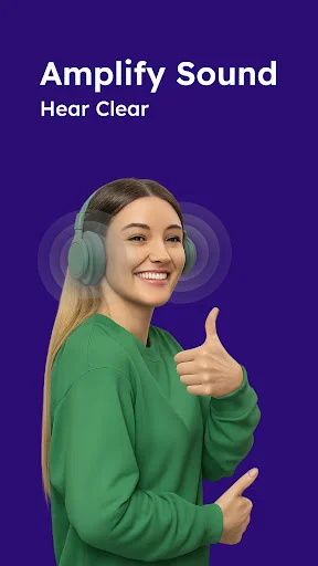 Hear Through Walls sound amplification feature displaying woman wearing headphones with visual sound wave rings indicating audio amplification and hearing enhancement