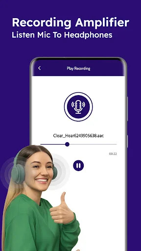 Play recording audio file with progress bar and user wearing headphones for hearing amplification feedback and listening