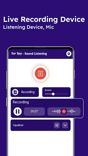 Hear Through Walls live recording device interface showing active red recording button with booster control and recording timer for capturing audio from listening device