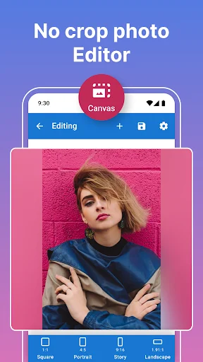 No Crop Photo Editor app showing portrait photo with pink background and square, portrait, story, landscape format options