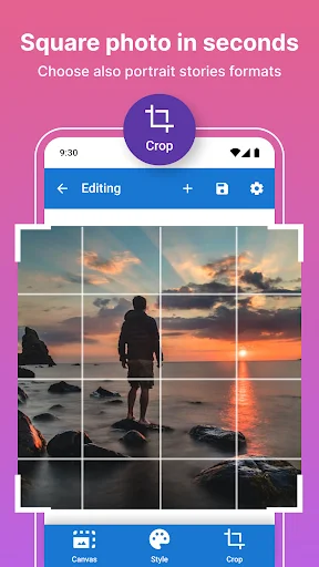SquareDroid app cropping sunset beach photo with grid overlay for Instagram square format editing