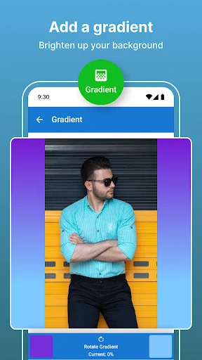 Gradient background editor in SquareDroid app with purple and blue gradient borders for Instagram photos