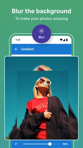 Blur background feature in photo editor app showing portrait with blurred edges for Instagram posts