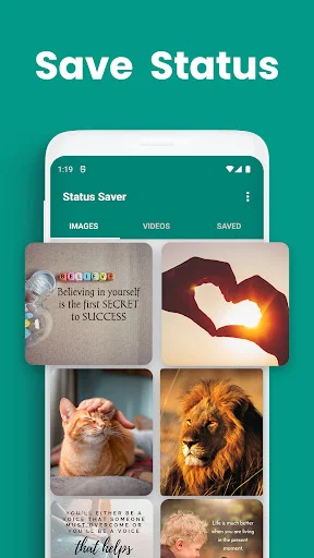 Status Saver app home screen showing Images tab with grid of saved status photos including motivational quotes and animals