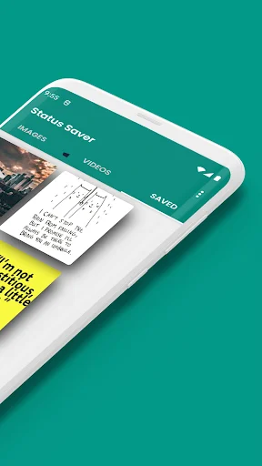 Status Saver app navigation showing Images, Videos, and Saved tabs with status content organized in gallery view
