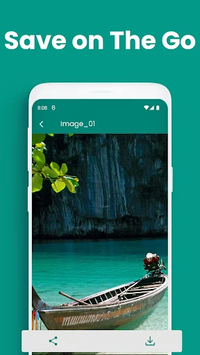 Status Saver app image viewer displaying tropical boat photo with share and download buttons for saving on the go
