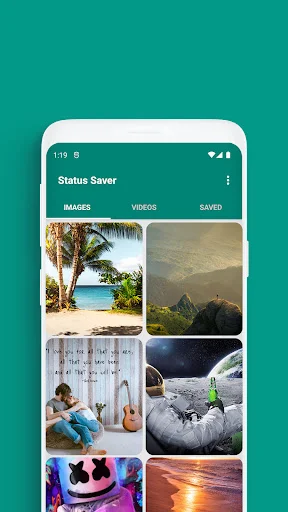 Status Saver main gallery view showing Images tab with diverse status content including beaches, quotes, and nature photos